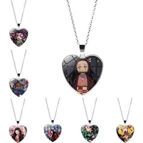 Anime Demon Slayer Necklace Kimetsu No Yaiba Cosplay Fashion Heart Pendant Necklace Long Chain Choker Jewelry Accessories Gifts