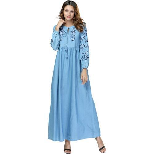 Casual Embroidery Muslim Abaya Jeans Tassels Arab Skirt Kimono Long Robe Gowns Muslim Ramadan Middle East Arab Islamic Clothing