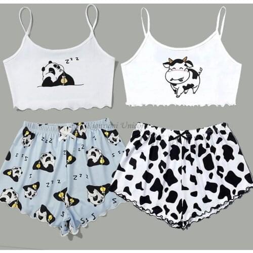 Animal Cartoon Print Cow Panda Sleepwear Home Suit Summer V Neck Sexy Pyjamas Women Spaghetti Strap Loose Pijama Satin Femme