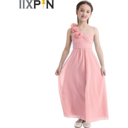 Girls Chiffon One-shoulder Flower Girl Dress Kids Princess Dresses Formal Pageant Wedding Bridesmaid First Communion Party Dress