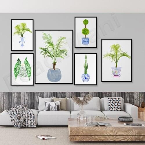 Blue and white jars of Chinese style palm trees, Chinese style willow trees, watercolor fan palm art print, tropical vase leaf p