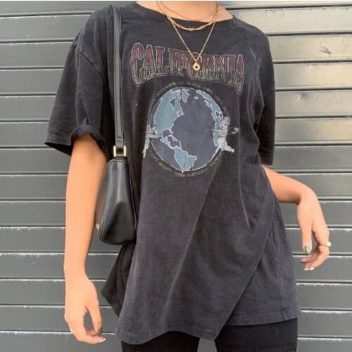 California American Style Dark Gray Vintage T Shirts Graphic Tee Women Loose O-neck Summer Tee 2021 new Fashion Teens Girls Tops