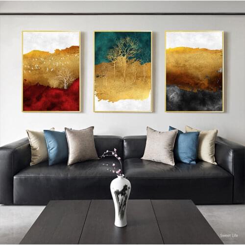 Yumeart Abstract Canvas Prints Artwork Decor Gold Tree Scenery Red and Blue Mountain Watercolor Painting Poster Wall Home Decor