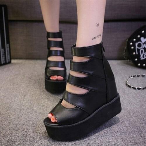 2021 Summer New Wedge High Heel Sandals Sexy Women Black Hollow Peep Toe Gladiator Sandal Platform Female Party Dress Shoes