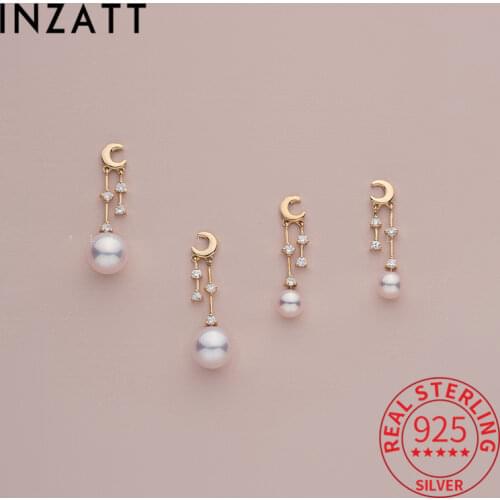 INZATT Real 925 Sterling Silver Zircon Round Pearl Tassel Moon Drop Earrings For Women Bohemian Fine Jewelry Drop Shipping