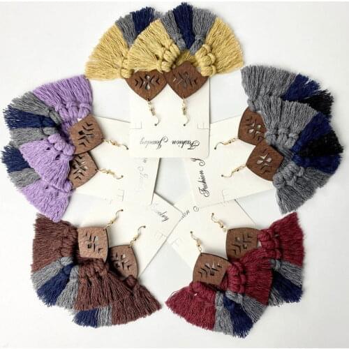 2021 Fall Boho Multicolor Tassel Earrings for Women Vintage Cutout Fishbone Wood Ethnic Earrings Jewelry Wholesale