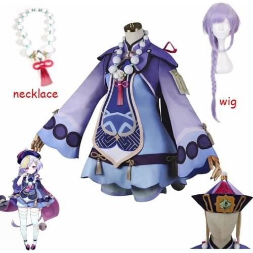 Game Genshin Impact Cosplay Qiqi Costume Wig Hat Shoes Women Zombie Purple Halloween Dress Anime Clothes