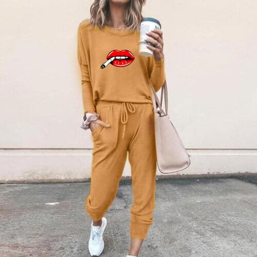 Funny Lips Two Piece Sets Women Solid Autumn Tracksuits High Waist Stretchy Smoking Print Tops Casual Outfits