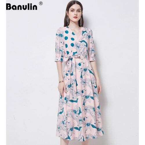 Banulin New 2021 Womens Summer Runway Party Dress Short sleeve V-Neck Floral Print Purple Elegant Midi Dress Vestidos N53663