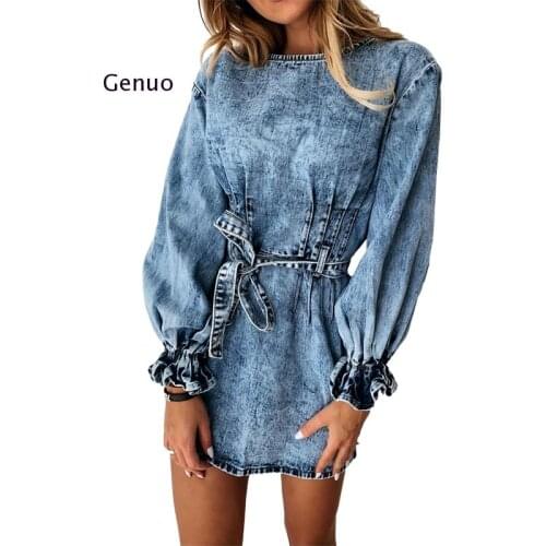 Women Autumn Casual Round Neck Ruched Jeans Dress 2020 Winter Slim Sashes Streetwear Solid Long Petal Sleeve Denim Mini Dress