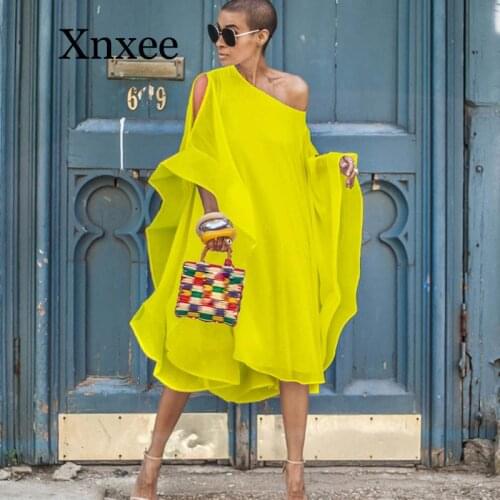 Women Autumn High Street Chiffon Dress Off Shoulder Batwing Sleeve Loose Knee-length Tunic Dress Elegant Party Dresses Vestidos