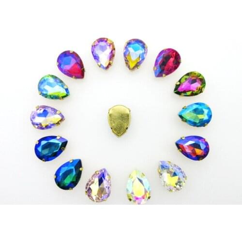 AB colors teardrop waterdrop glass Crystal strass Gold claw flatback Colorful Sew on rhinestones bags shoes garment applique diy