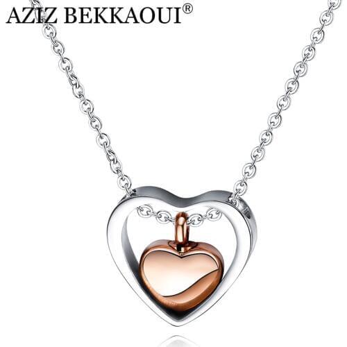 AZIZ BEKKAOUI Rose Gold Double Heart Stainless Steel Cremation Jewelry Hold Loved Ones Ashes Keepsake Cremation Urn Necklace