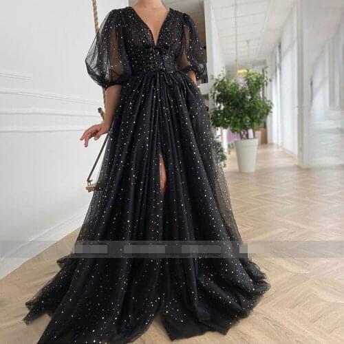 Black Starry Tulle Prom Dresses Sparkly V-Neck Half Puff Sleeves Ruched Wedding Party Dresses Slits Long A-Line Prom Gowns
