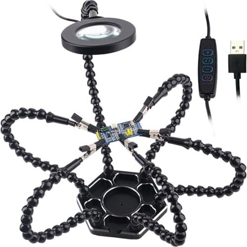 Third Hand Soldering PCB Holder Tool Helping Hands Crafts Welding Station With Silicon Clip Tips USB 3X Magnifying Glass