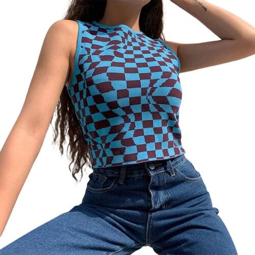 Womens Knitted Tank Tops, Trendy Irregular Checkerboard Print Sleeveless Crew Neck Stretchy T-Shirts