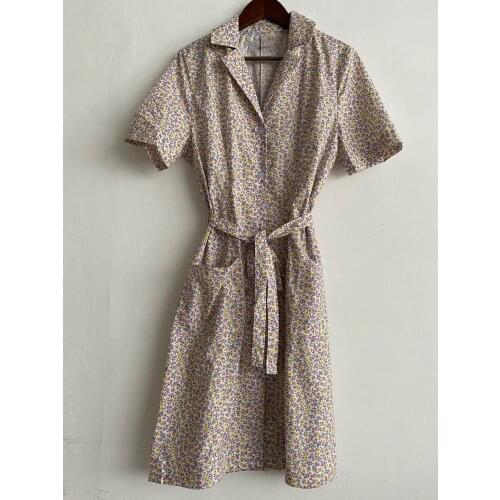 Elfbop 2020 Newest Ladies Notched Neck Floral Printed Short Sleeve Dress Matching With Waist Ties