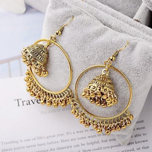 Indian Jhumka Jewelry Gold Sliver Color Small Bells Drop Tassel Earrings Women Boho Ethnic Big Round Circle Dangling Earring