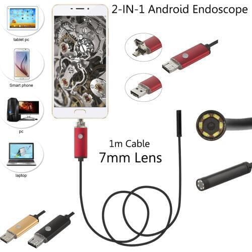 JCWHCAM Waterproof USB Endoscope For Mobile Phone And Compute PC Laptop 7mm lens 1M USB cable 6 LED Hd 480p Endoscope Camera