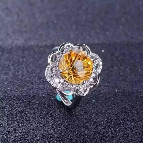 Natural Fireworks citrine Ring Natural yellow crystal ring 925 sterling silver trendy Elegant Sunflower women party gift Jewelry