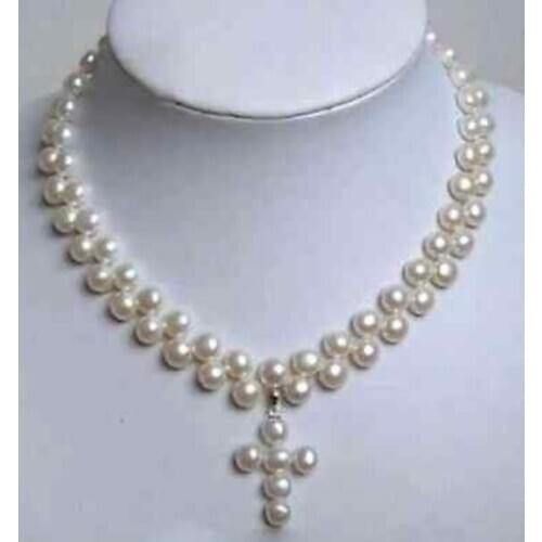 Jewelry Pearl Necklace 7-8mm Charming White Akoya Cultured Pearl Cross Pendant Necklace 18" Free Shipping