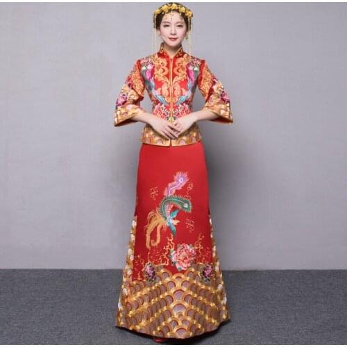 Red Embroidery Chinese Traditional Wedding Dress Long Sleeve Cheongsam Plus Size Women Clothing Oriental Style Dresses Qipao