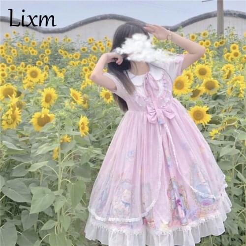 Lolita sweet Japanese soft sister Lolita cat high waist mesh short sleeve op dress Kawaii girl summer