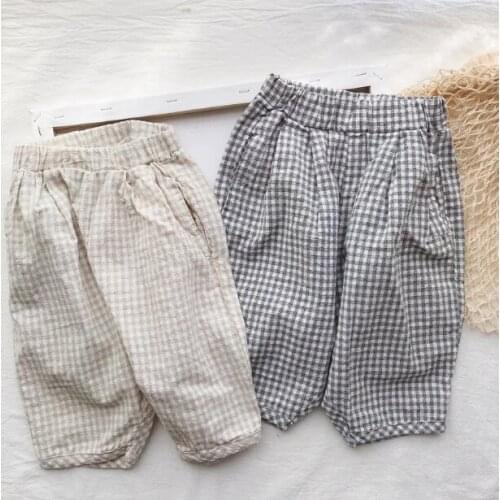 2021 new girls boys plaid long pants cotton linen summer cool kids pants