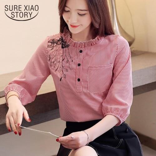 Lantern Sleeve Chiffon Shirts Women Blouses 2021 Embroidered Striped Shirts 3/4 Sleeves Pocket Button Womens Clothing 8148 50