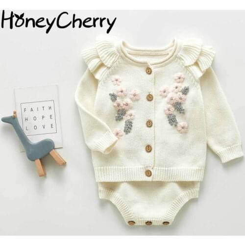 Baby girls sweaters Flower Coat Strap Romper Crawling Clothes Kids sweater cardigan
