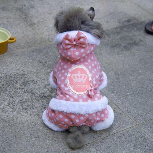 Dog Winter Four Leg Coat Warm Winter Jacket Pets Dogs Dot Bow Hoodies Clothes