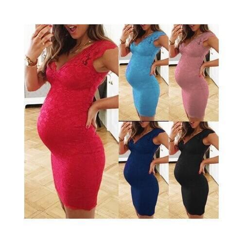 Explosion models Europe and the United States V-neck solid color lace lace fashion stitching sleeveless sexy maternity dress