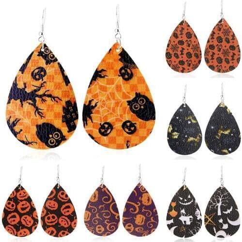 Rinhoo Halloween Skull Pumpkin Waterdrop PU Leather Earrings Bohemia Dangle Drop Earrings for Women Girls Children Party Jewelry