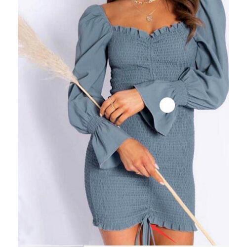 Square Neck Floral Print Dress Women Long Sleeve Bodycon Mini Dress Boho Beach Dress