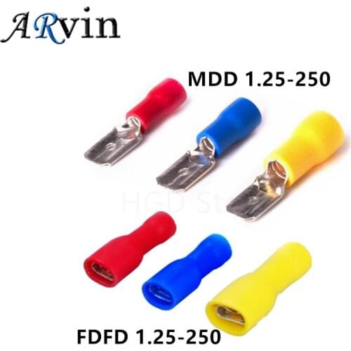 100pcs FDFD 1.25-250 MDD1.25-250 6.3mm Red Female + Male Spade Insulated Electrical Crimp Terminal Connectors Wiring Cable Plug