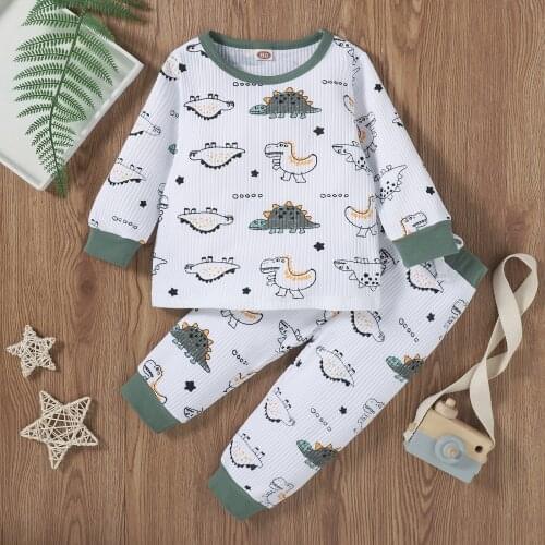 Toddler Baby Girls Boys 2Pcs Fall Outfits Suit Long Sleeve Cute Crew Neck Cartoon Dinosaur Tops+Bow Pants Set Toddler Sleepwear