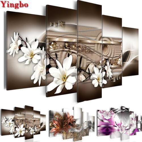 3d Round Diamond Painting Cross Stitch Magnolia Flowers Diamond Embroidery Full Square Drill 5D Home Decoration 5pcs/set