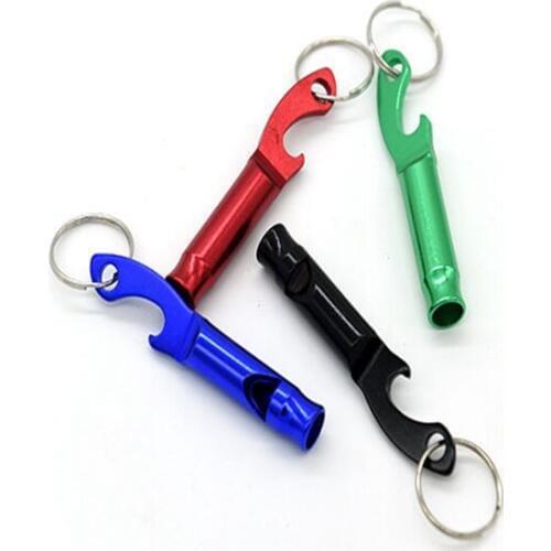500pcs/lot Fast shipping Dual function Mini protable Aluminum Keychain Keyring Whistle Beer Bottle opener 4 color