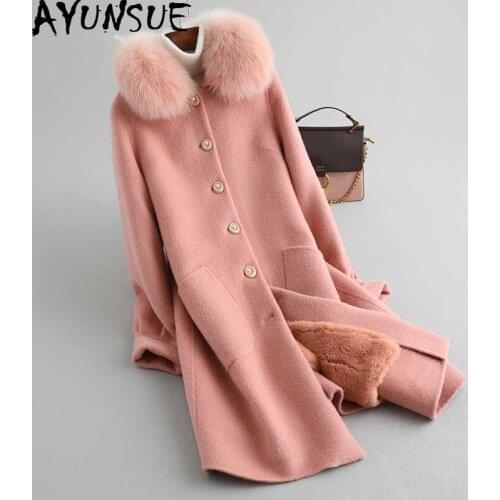 AYUNSUE Real Fur Coat Female Natural Rabbit Fur Liner 100% Wool Coat Winter Jacket Women Fox Fur Collar Warm Long Jackets MY4363
