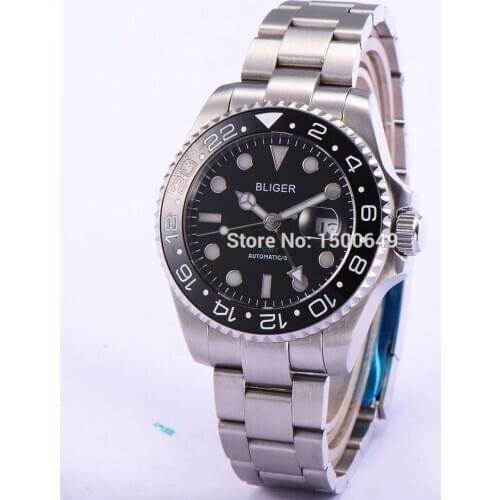 Bliger 43mm black dial GMT Sapphire Glass Ceramics Bezel Automatic Mens Watch 1871
