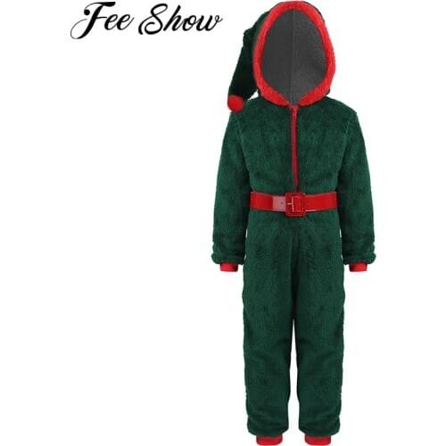 Kids Girls Santa Costume Outfit Soft Coral Fleece Hooded Jumpsuit Pajamas with Belt for Christmas Holiday Cosplay Party Dress Up