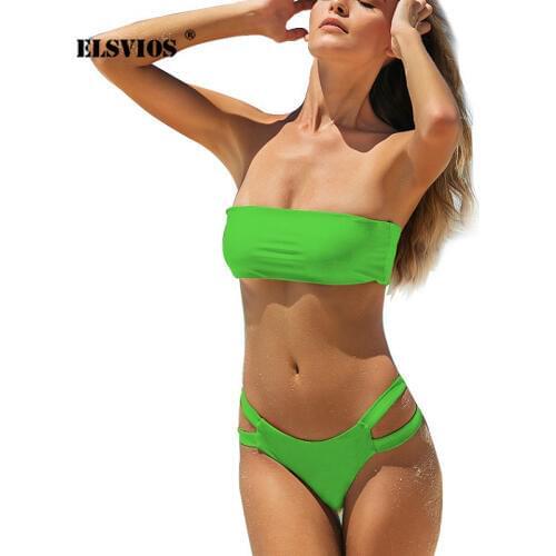 ELSVIOS Solid Off Shoulder Bikini Swimsuit Women 2019 Sexy Strapless Bandage Thong Swimwear Bikini Set Bathers Beachwear Biquini
