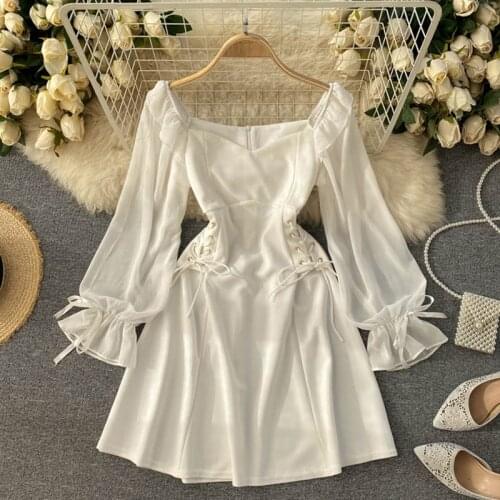 French Elegant Women Summer Long Sleeve Dress Sexy V-neck Lace-up Bandage Slim A-line Short Party Dress 2021 New Chic Robe Femme