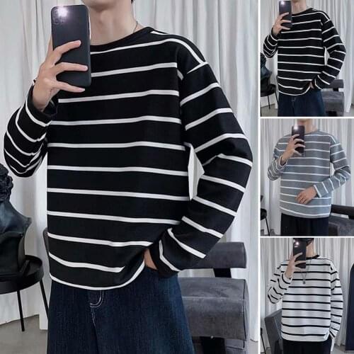 T Shirt Men Striped Fashion Men Summer T-shirts Fashion Men Stripe Long Sleeve Round Neck Loose Fit T-shirt Basic Top Blouse