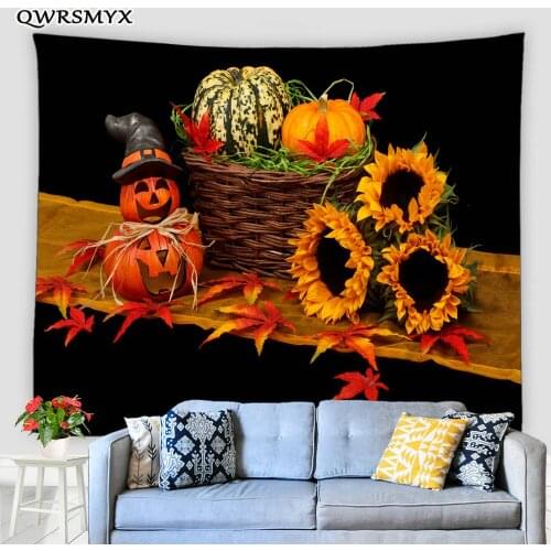 Halloween Pumpkin Sunflower Food Tapestry Aesthetic Black Background Wall Hanging Living Room Bedroom Decor Wall Tapestries