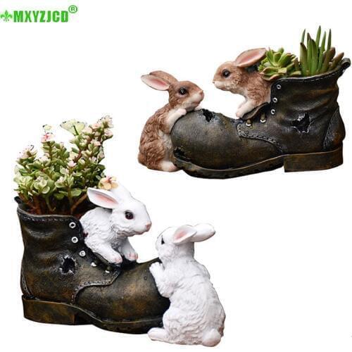 Rabbit Resin Flower Pot Garden Simulation Shoes Potted Animal Sculpture Crafts Home Decorations Accessories