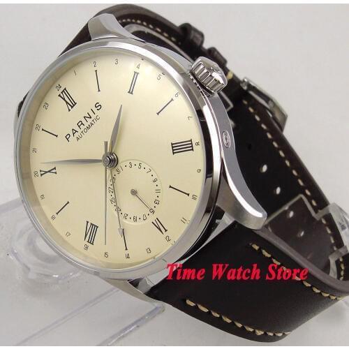 Parnis mens watch silver hands pale-yellow DATE 42mm polished case 24 hours 5ATM ST1690 Automatic wrist watch men 955