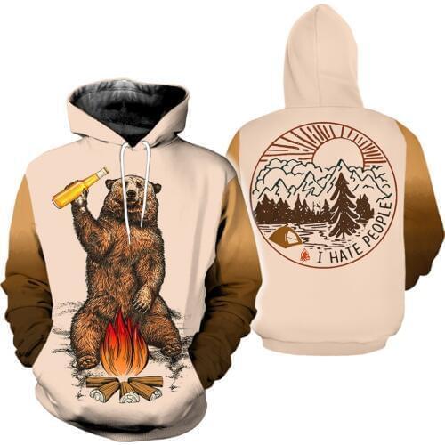 2020 Newest Fashion men Brown bear Beer Bonfire 3D Printed Hoodies Camping I Hate People Harajuku Hoodies tops R-034