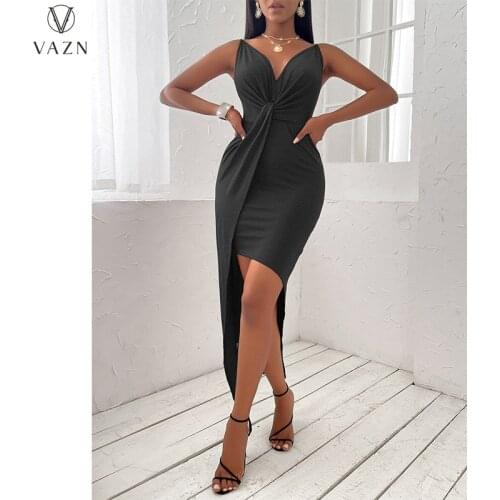 VAZN 2021 Summer Women Fashion New Sexy High Street Style Long Dress Sleeveless Pure Color Deep V Mid Long Dresses