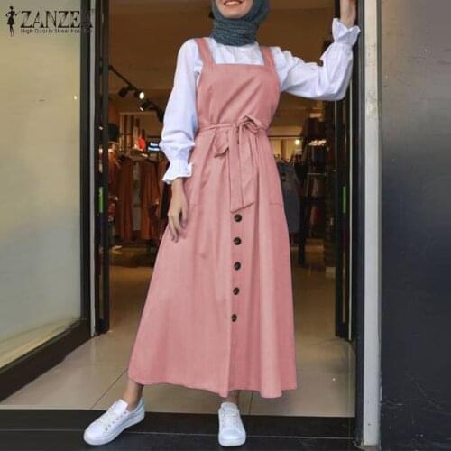 ZANZEA Summer Overalls Dress Women Sleeveless Solid Sundress Casual Bohemian Size Zipper Vestidos Robe Femme Muslim Dress Kaftan